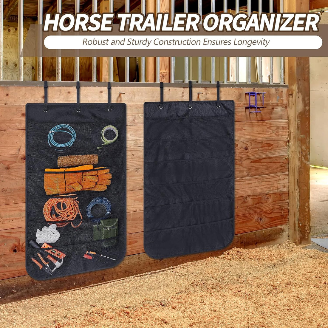 Horse Trailer Door Organizer Hanging Rope Caddy, Black, 42"x24"