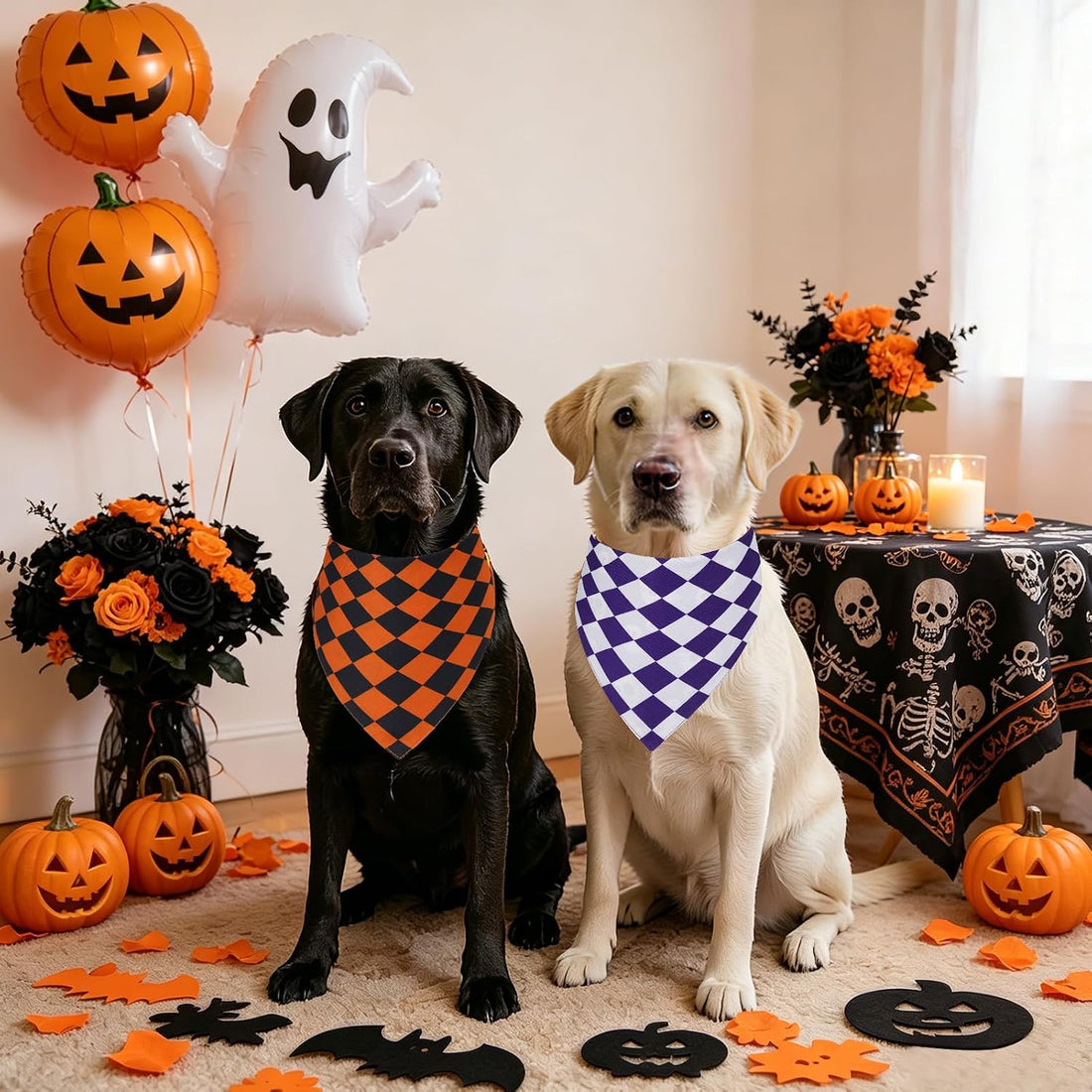 Halloween Dog Bandanas Large 2PCS, Plaid Scarfs for Boy and Girl