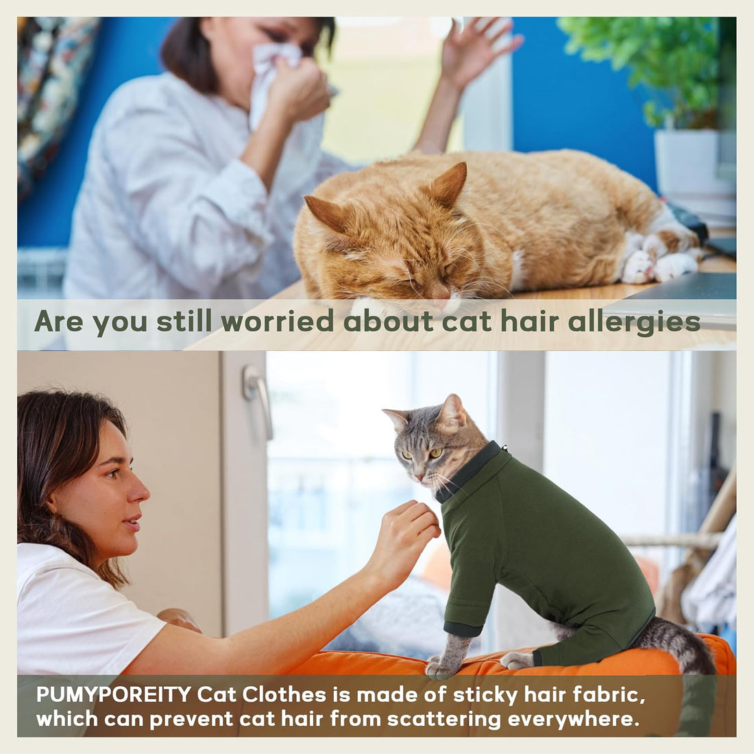 PUMYPOREITY Sticky Hair Cat Clothes, Prevent Hair Loss Cat Pajamas