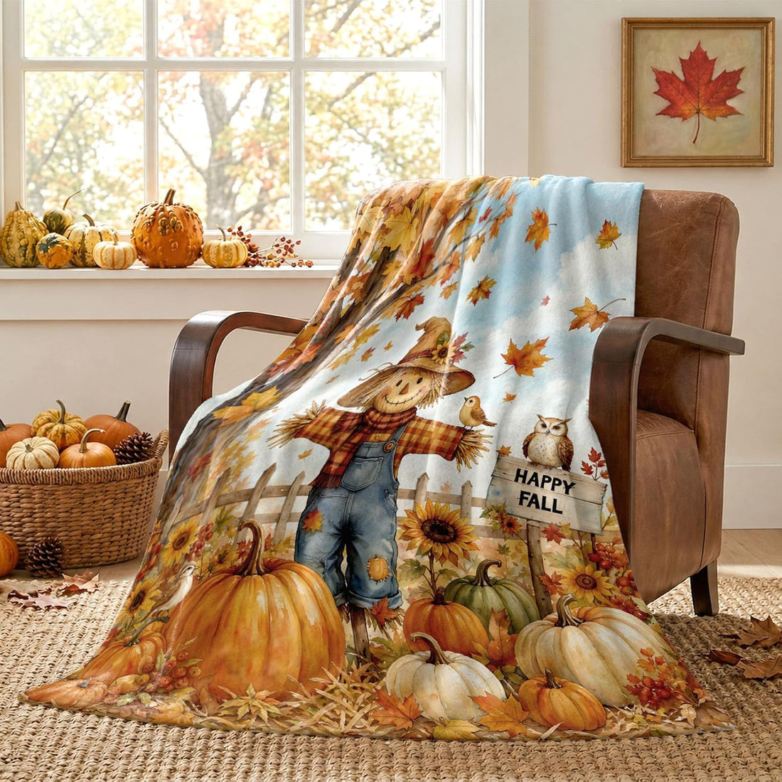 Fall Cute Sweater Cat Colorful Floral Throw Blanket 50 x 60 Inch