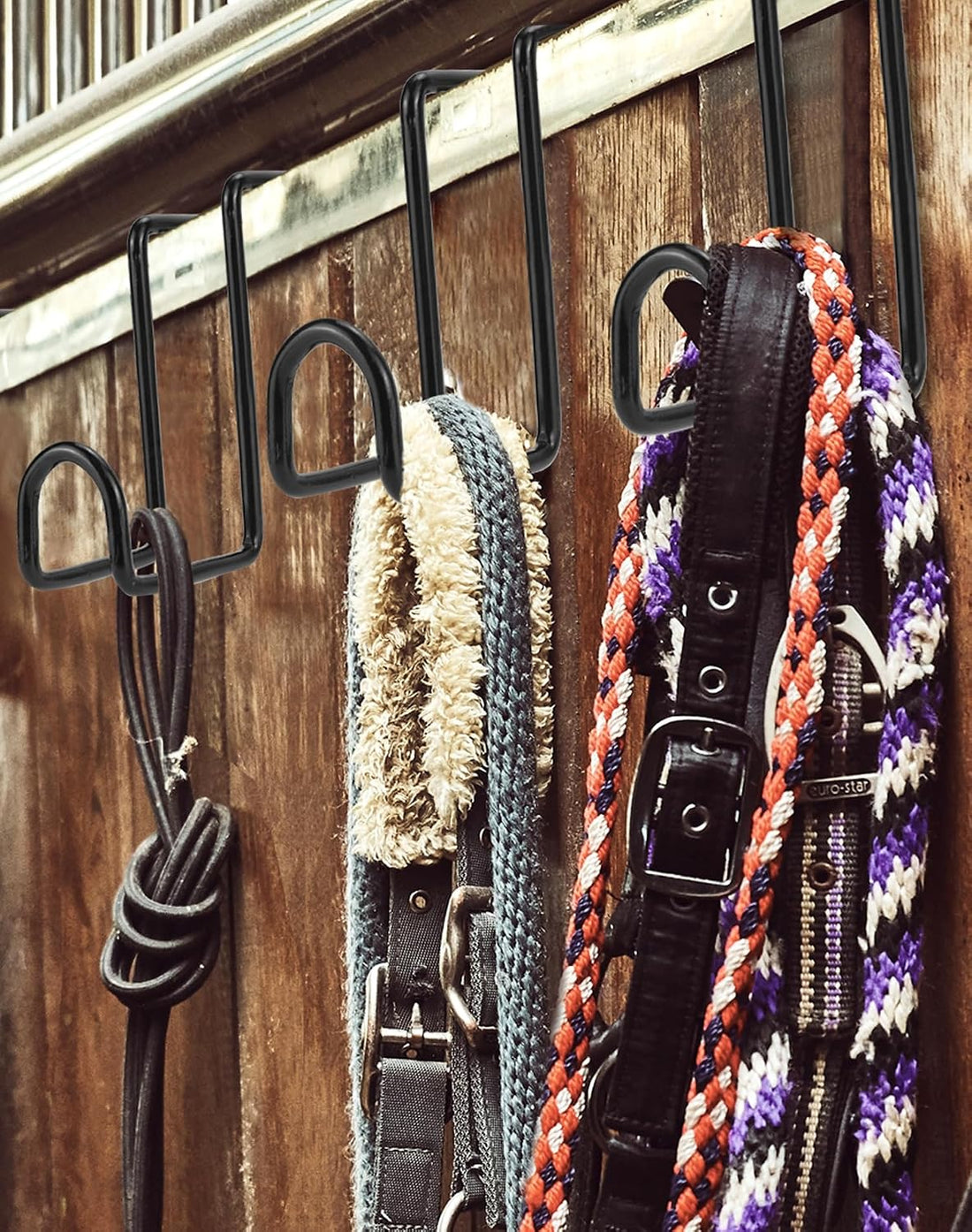 QWORK 4 Inch Tack Hook Set - 4 Pack Heavy Duty Black Horse Halter Rack