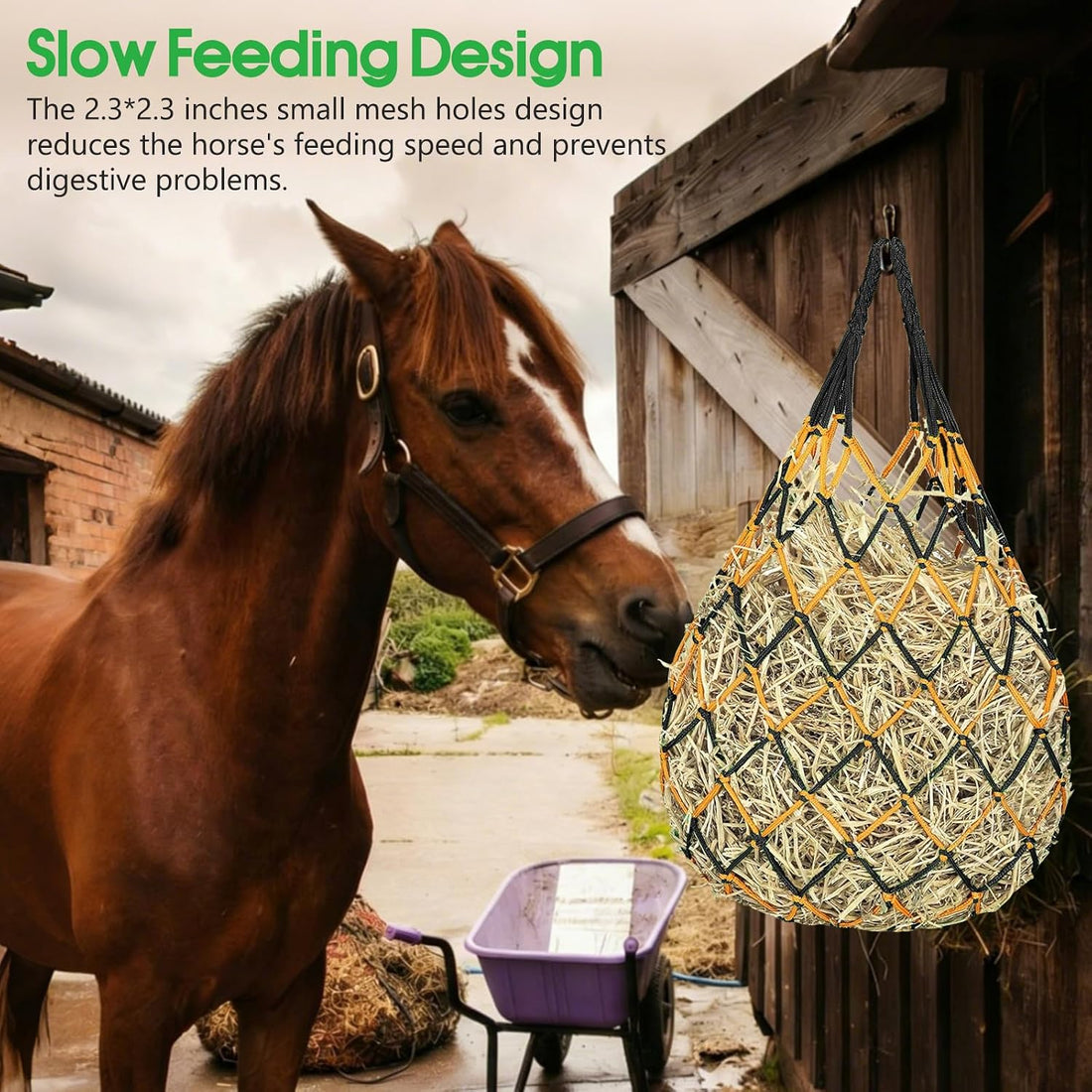 Slow Feed Hay Nets 3 Pack 40-Inch Durable Mesh Hay Bags Feeder