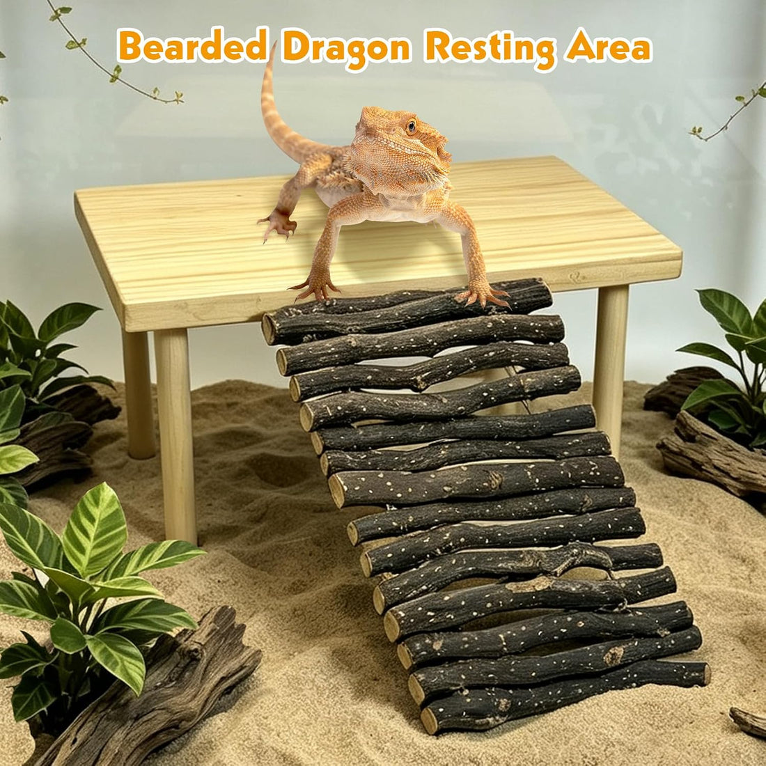 VCEPJH Wooden Bearded Dragon Basking Platform with Climbing Ramp, XL