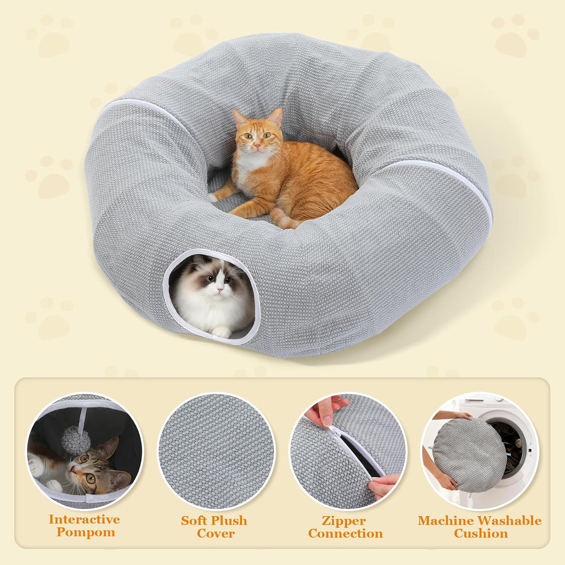 PEQULTI Grey Donut Cat Tunnel Bed Washable Plush Mat Multi for Small