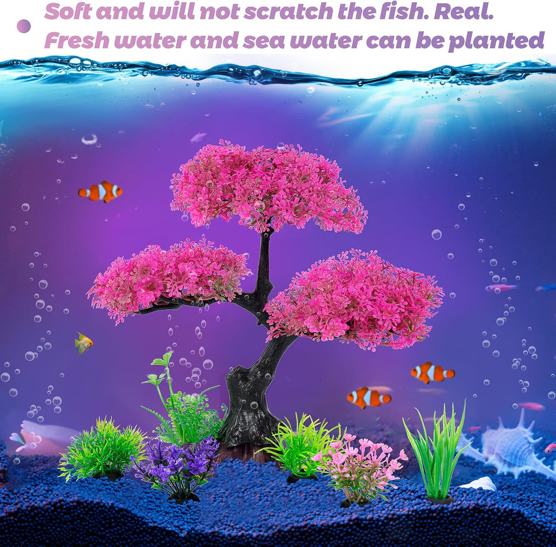 Ameliade Pink Artificial Plastic Tree Aquarium Plants Decor Set, 11PCS
