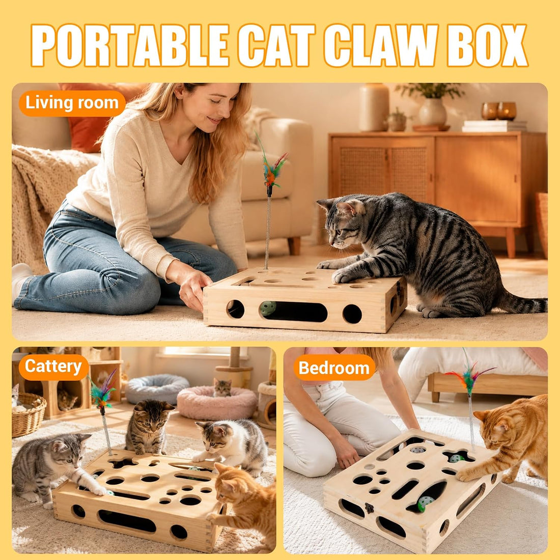 Large Cat Nail File Box, Sturdy Wood Cat Scratch Puzzle Enrichment Box