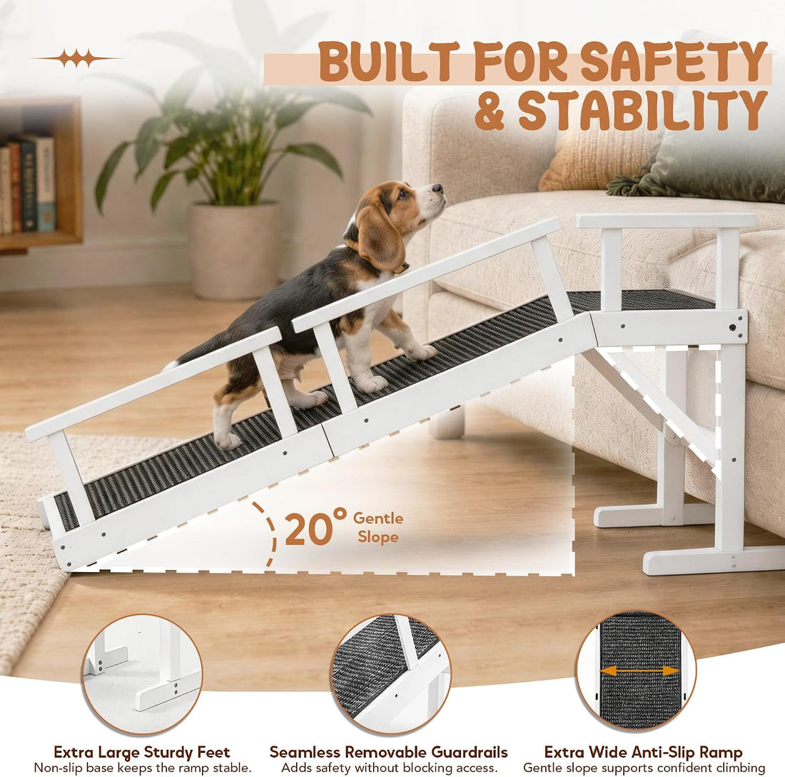 62" Wooden Dog Ramp for Bed & Couch, Pet Ramp with Platform White