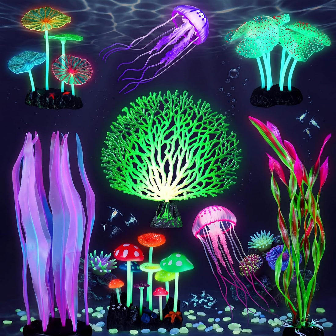 Frienda 8 Pcs Glowing Aquarium Fish Tank Decorations, Blue, Pink