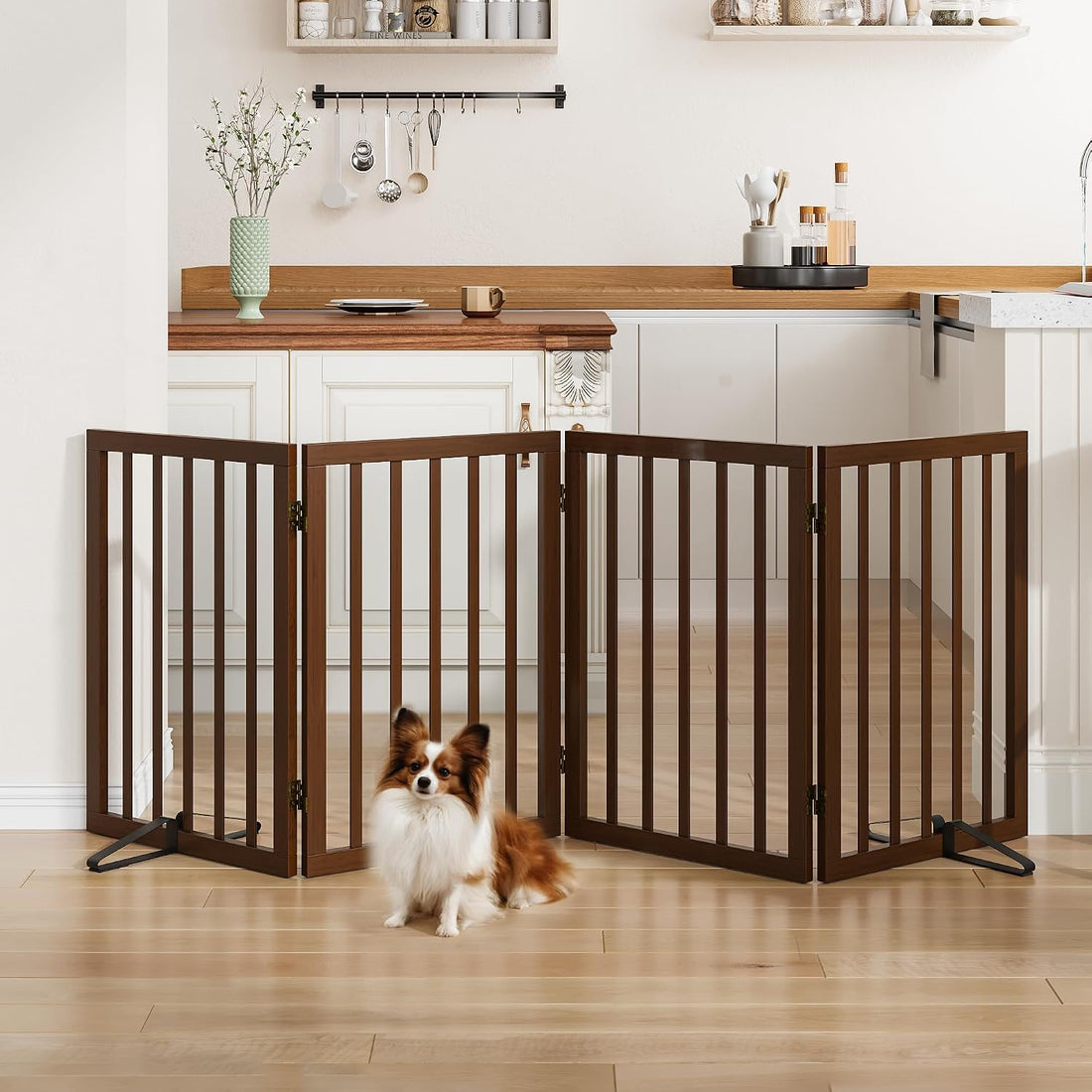 Wooden Dog Gate Freestanding Foldable 4 Panel Pet Gates Extra Wide