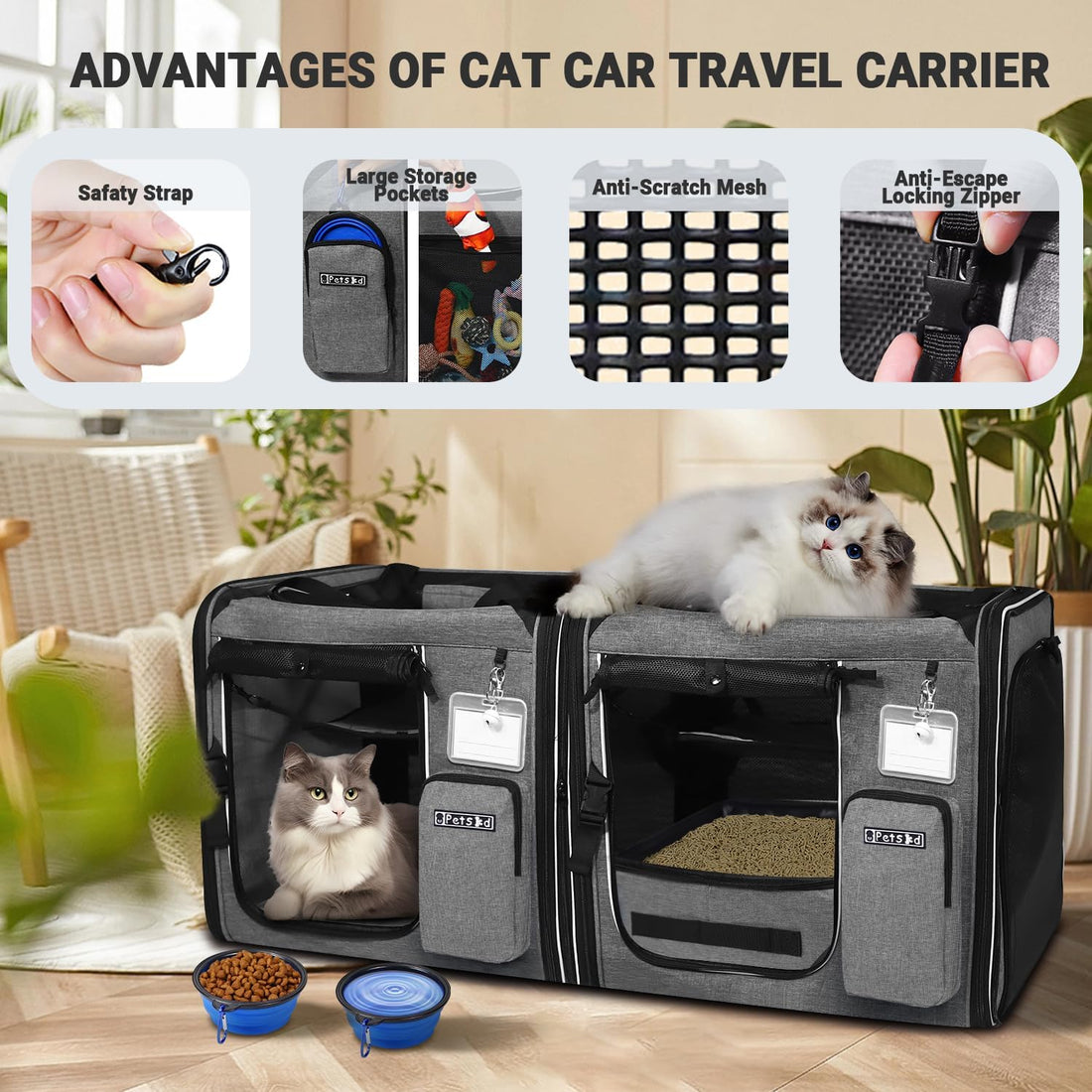 Petskd 2 in 1 Double Cat Car Travel Carrier with Litter Box