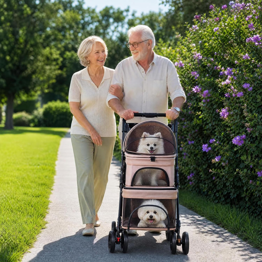 YYW Double Pet Stroller Foldable 2 Carriages Cup Holder Lockable Khaki