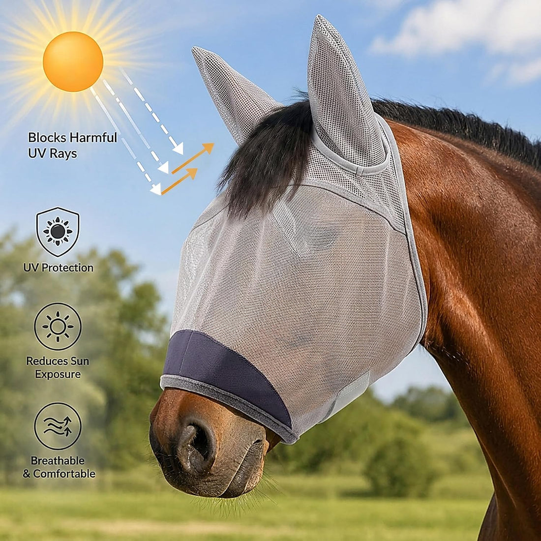 Horse Fly Mask with Ears - UV Protection Fine Mesh Super Comfort Fly
