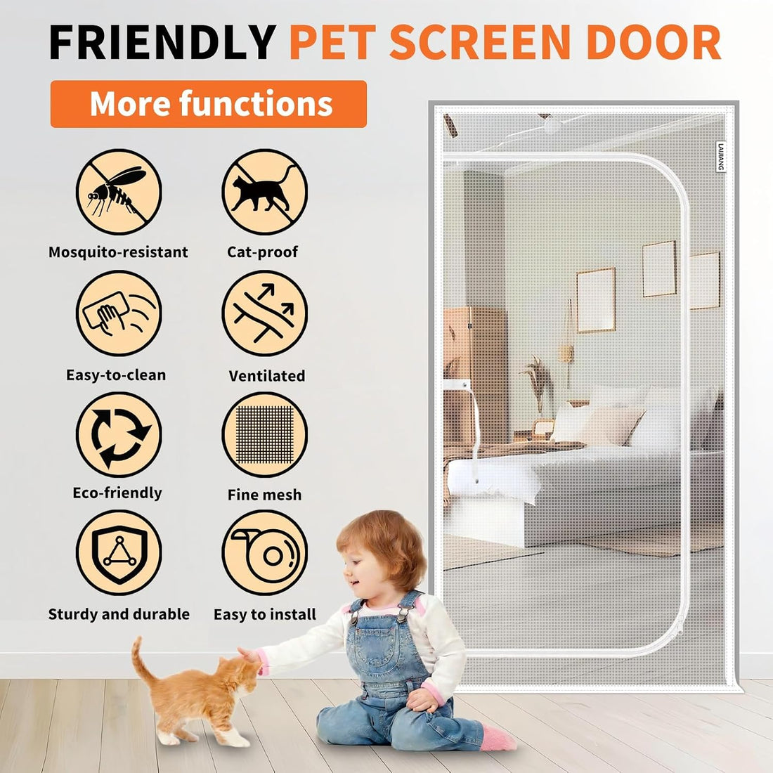 Reinforced Cat Screen Door with Zipper Fits Openings 42x85''