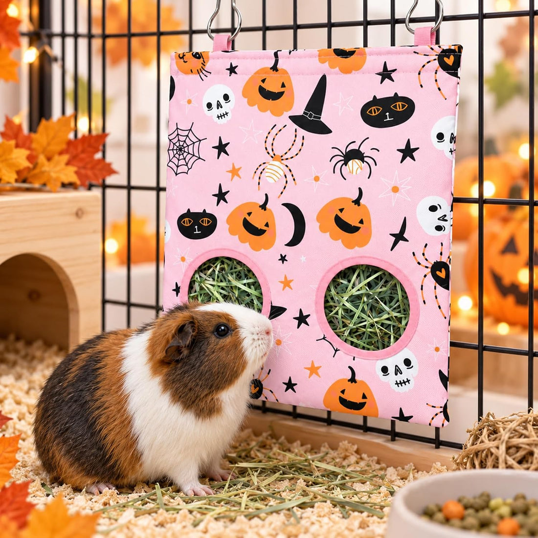 JarThenaAMCS 2Pcs Rabbit Hay Feeder Bag with 2 Holes, Pink Halloween