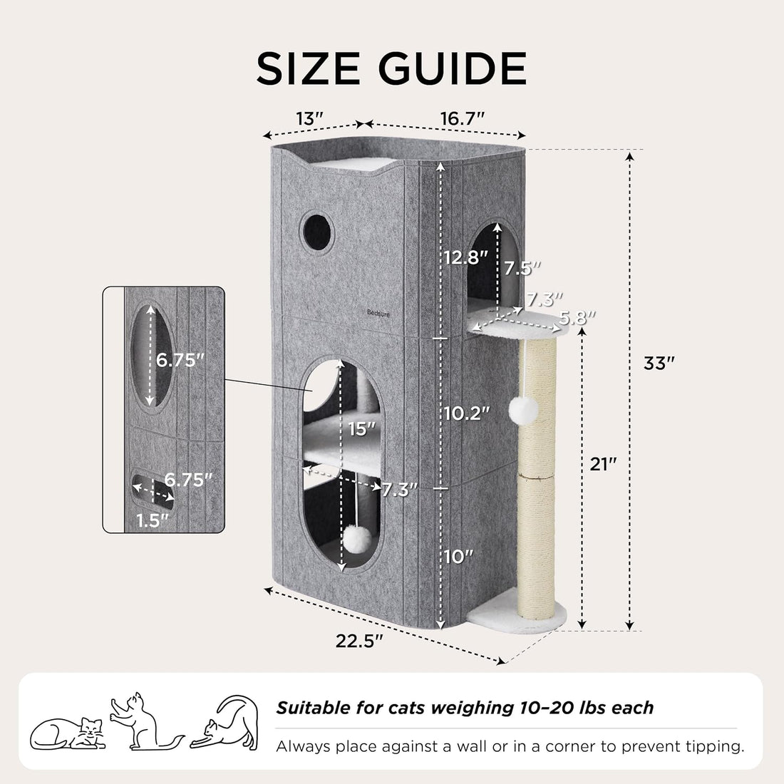 Bedsure 3-Level Cat Tree for Indoor Cats with Scratching Post
