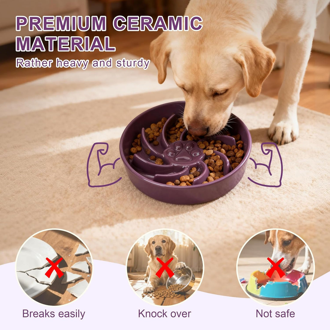 Ceramic Slow Feeder Dog Bowl, 3 Cup Dog Food or 25oz Water