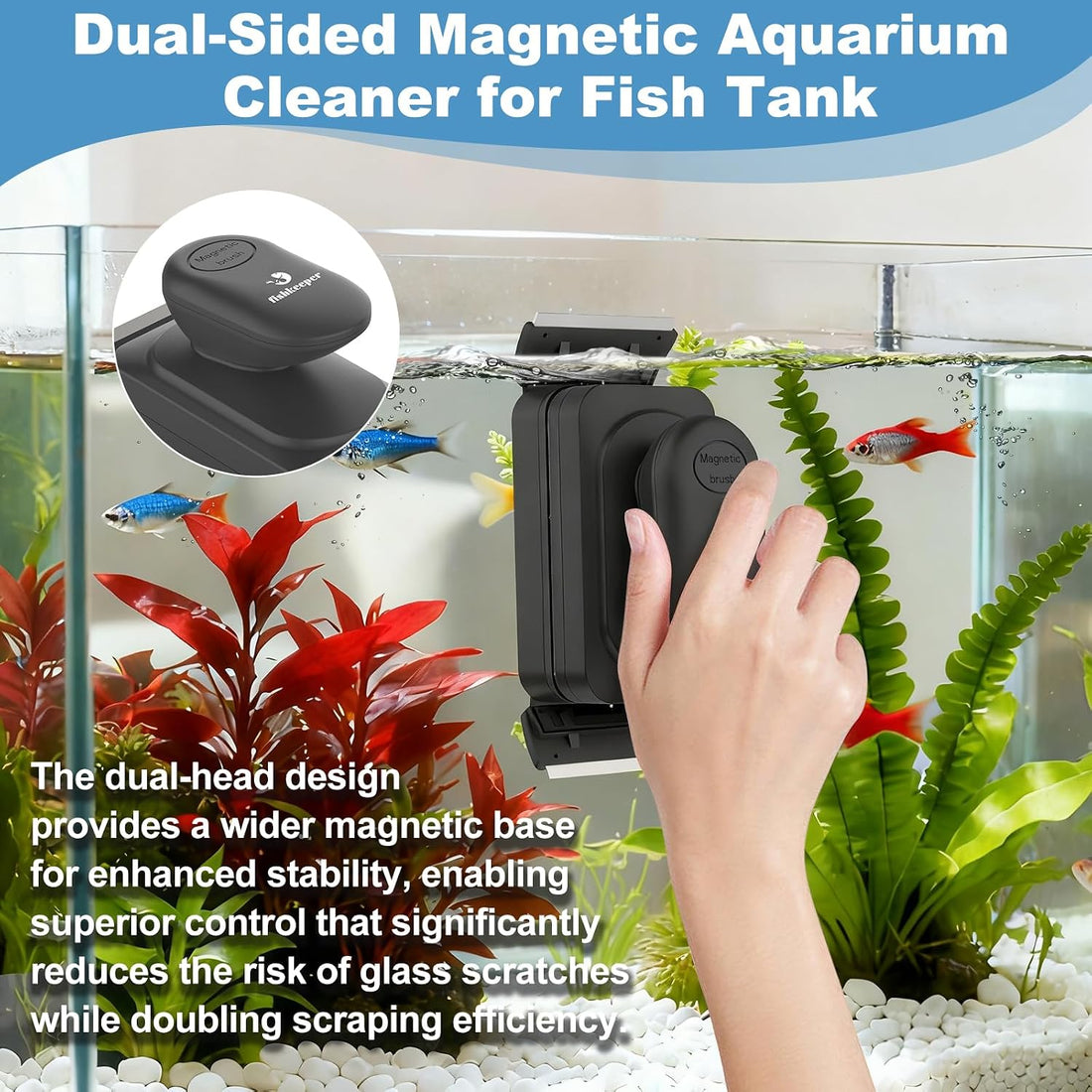 fishkeeper Dual-Blades Magnetic Aquarium Glass Cleaner with 4 Algae