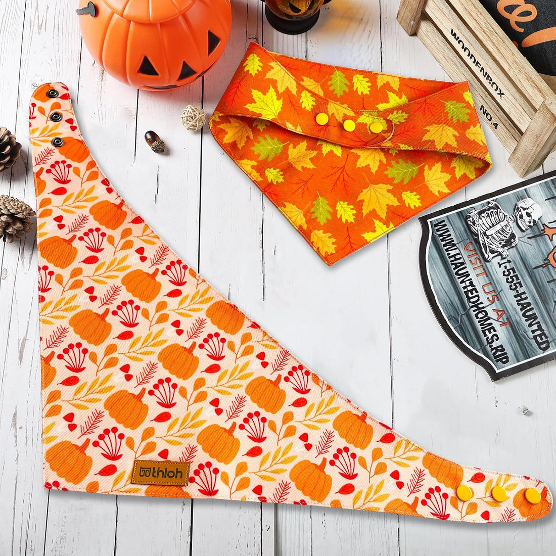 Fall Dog Bandanas - 2 Pack Thanksgiving Dog Bandana with Snap Button