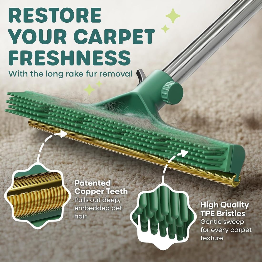Carpet Rake for Pet Hair Removal Tool with Copper Teeths