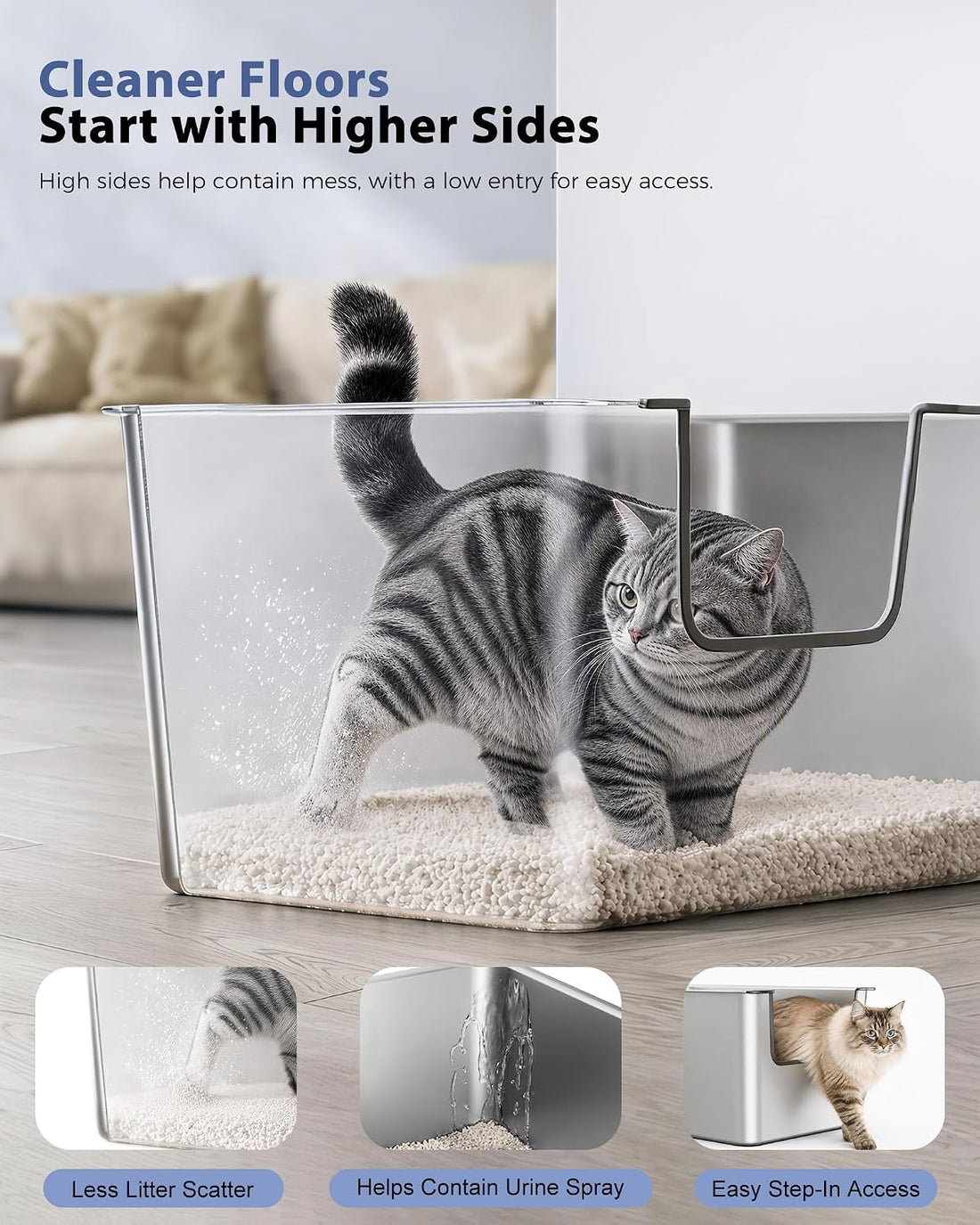 High-Sided Stainless Steel Cat Litter Box, Low Entry, Odor-Free