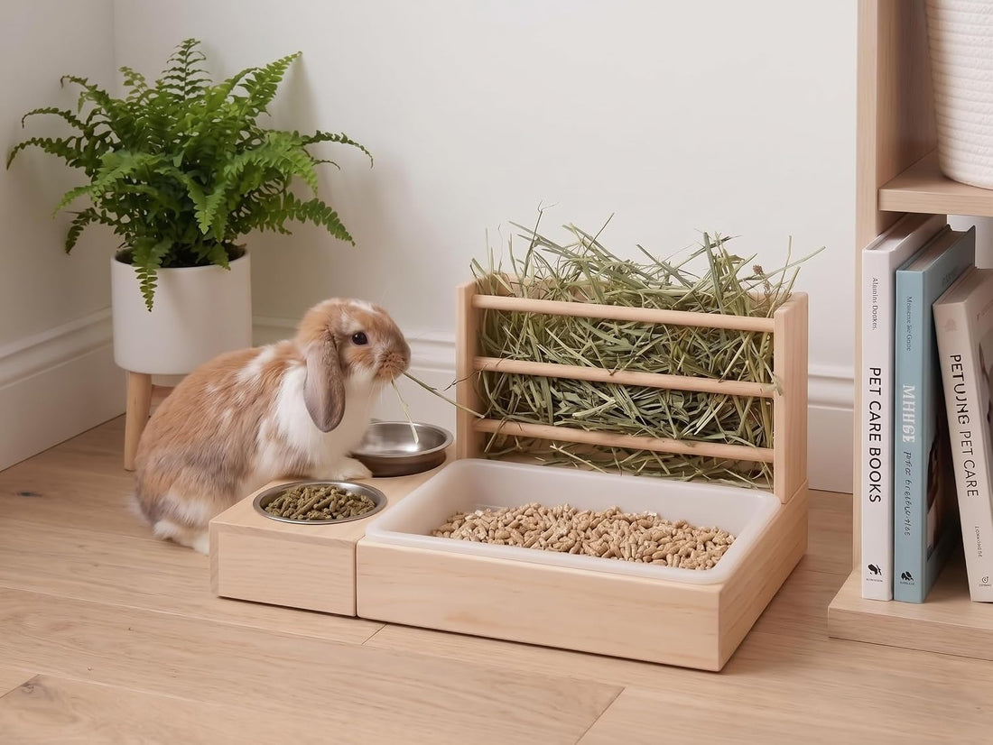 XL Wooden Rabbit Litter Box with Hay Feeder & Dual Stainless Steel