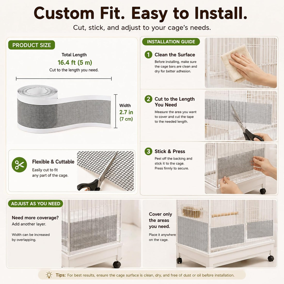 Bird Cage Seed Catcher Guard Self-Adhesive Mesh Roll, 16.4 ft x 2.8 in