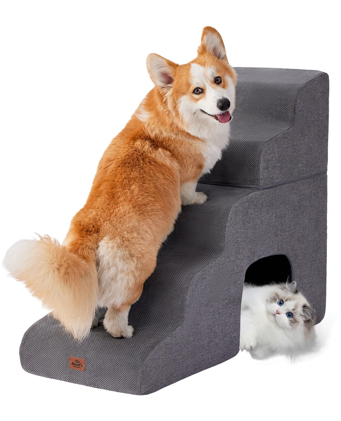 Gray Curved Dog Stairs Ramp for High Beds 28.7" H