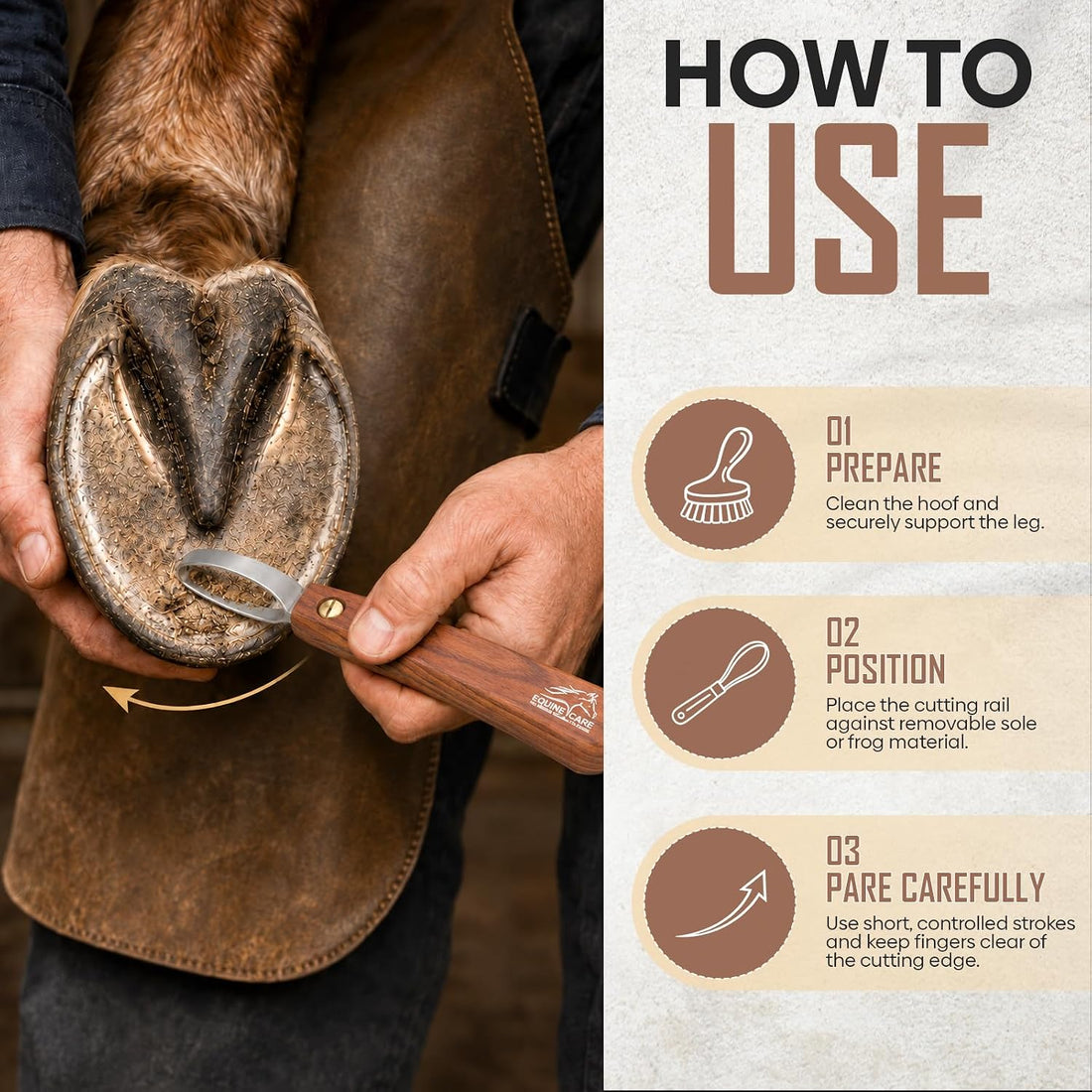 Equine Care Farrier Loop Hoof Knife, J2 Stainless Steel, Wood Handle