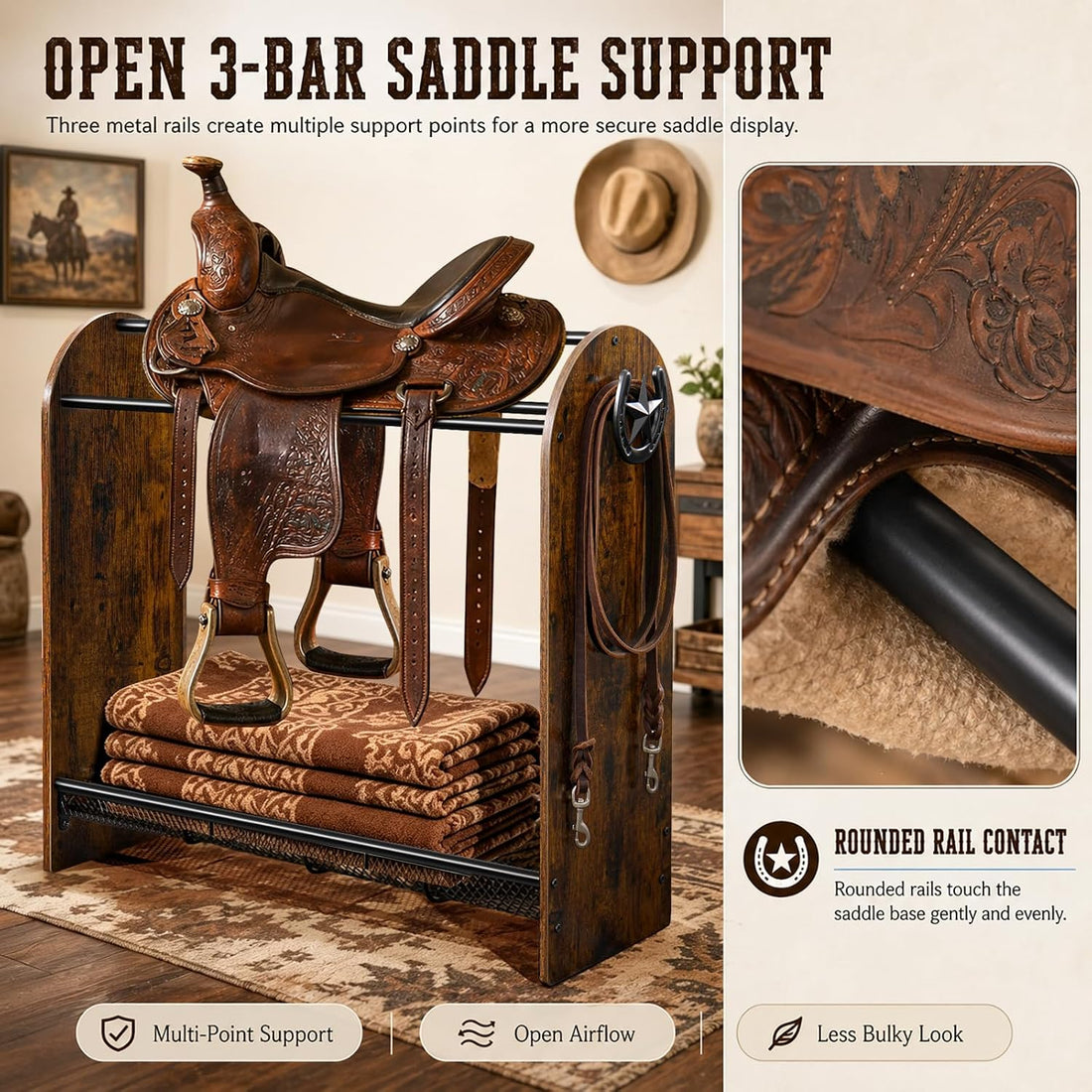 Saddle Rack Stand, Freestanding Horse Saddle Holder with Mesh Shelf