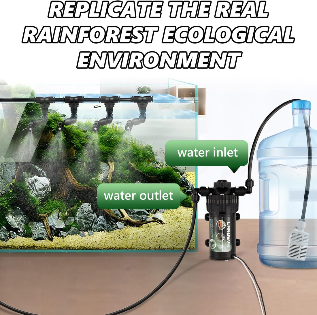 LANUEVA Reptile Humidifier Quieter Mister with 6 Nozzles (with Timer)