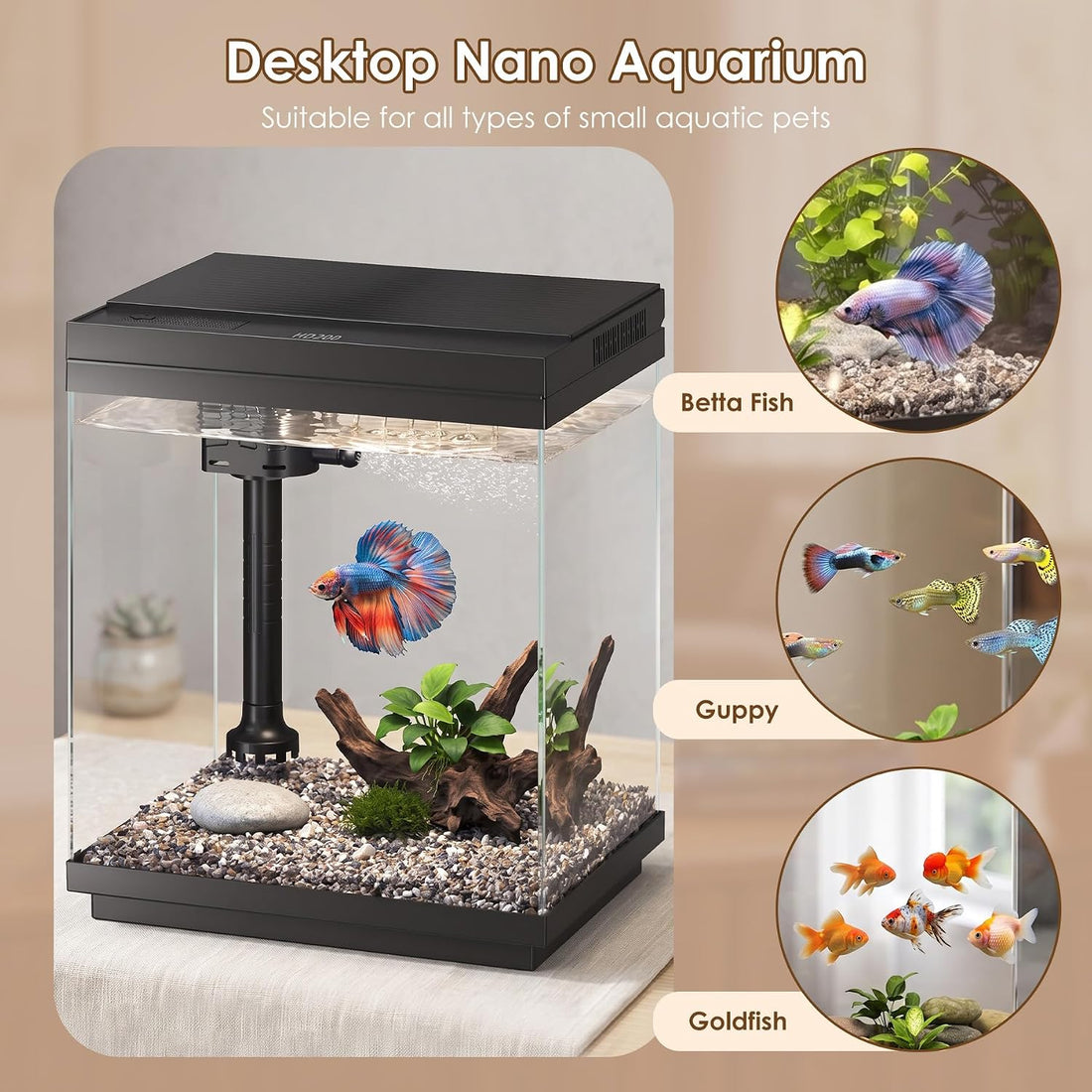Betta Fish Tank 1.6 Gallon Glass Small Aquarium Starter Kit Black