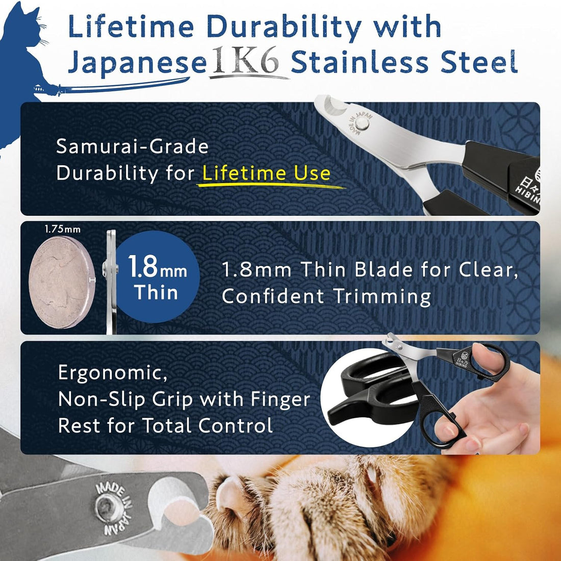 HIBINO Samurai-Grade Cat Nail Clippers | Quiet Precision Trimmer