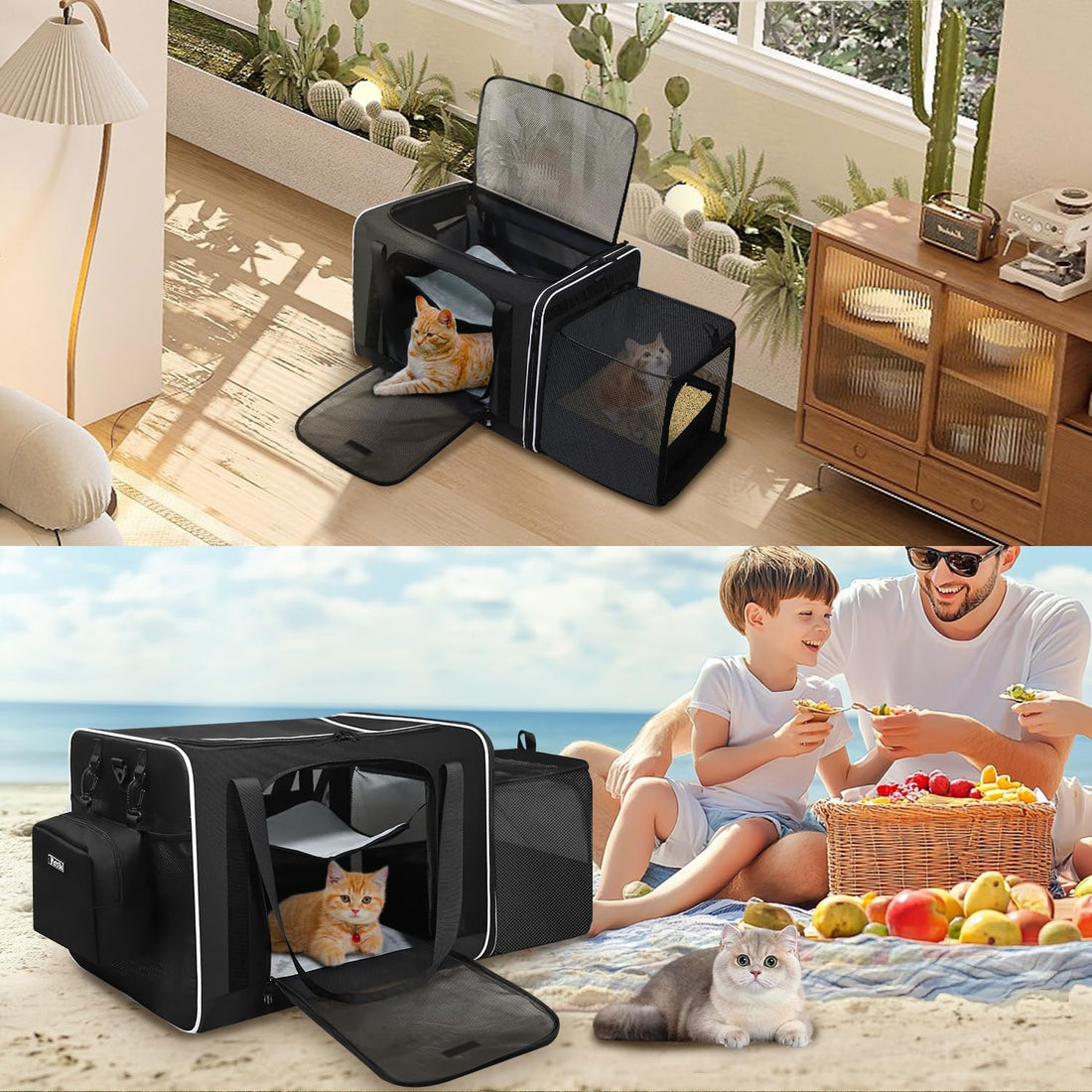 Petskd Side Expandable Extra Large Cat Carrier with Litter Box Area