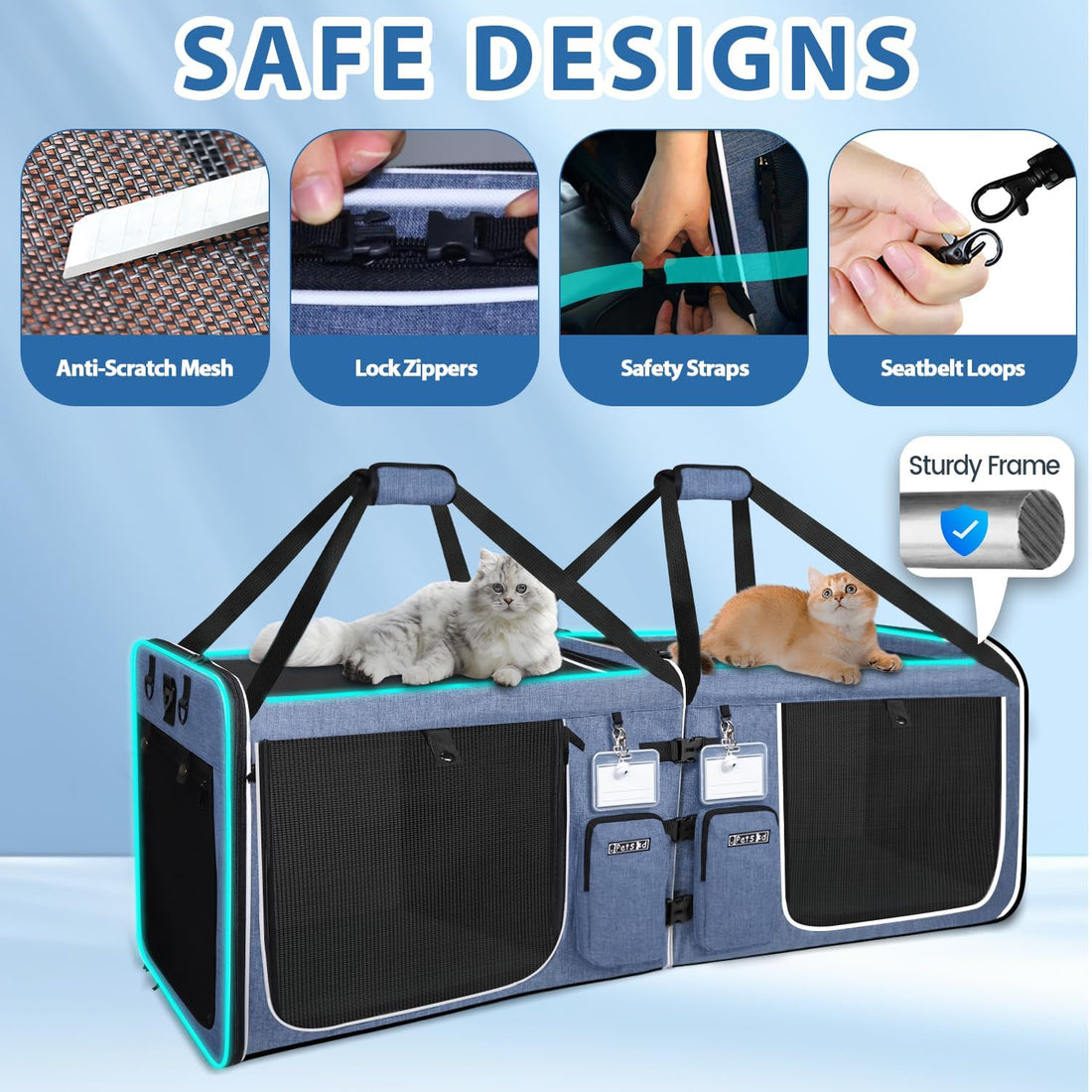 Petskd Double Extra Large Cat Carrier with Litter Box, Blue