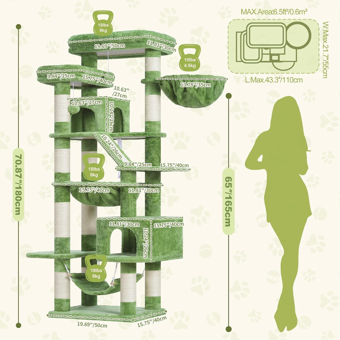 Heybly Cat Tree, 71-Inch-Tall Tower for Indoor Cats with 2 Perches