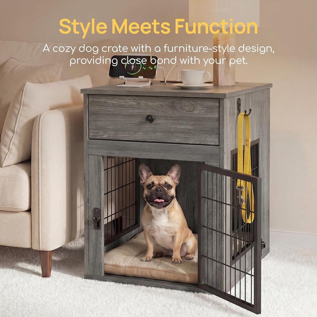 Dog Crate Furniture with Cushion and Charging Station for Indoor