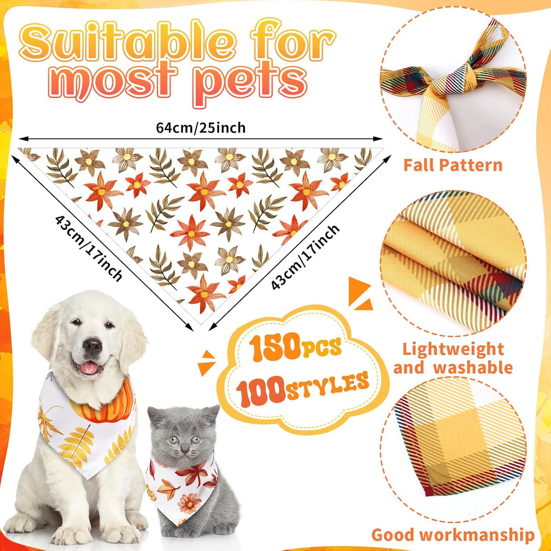 Huhumy 100 Pcs Fall Dog Bandanas Bulk Autumn Bandana for Medium Large