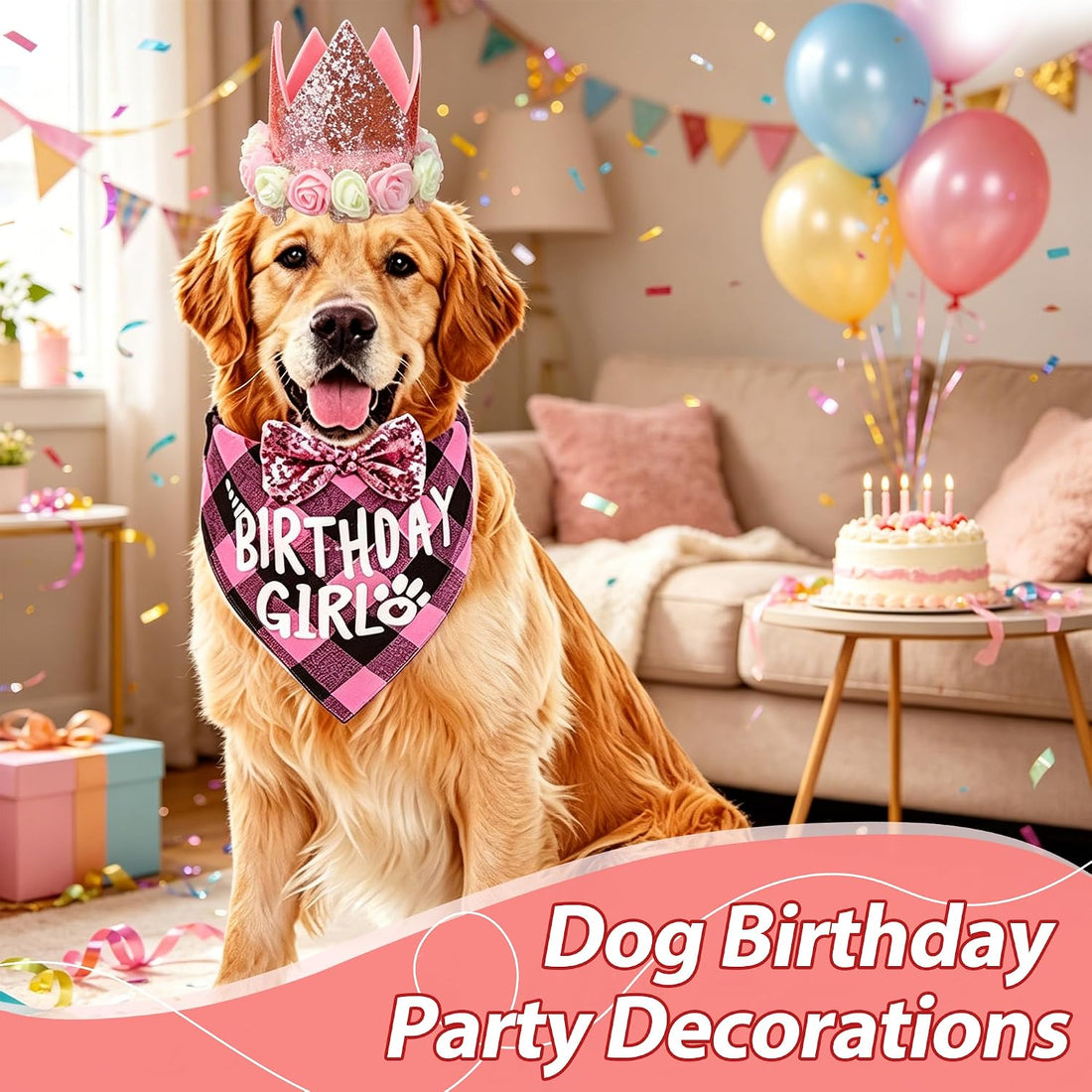 Dog Birthday Party Supplies, Pink Birthday Girl Dog Bandana