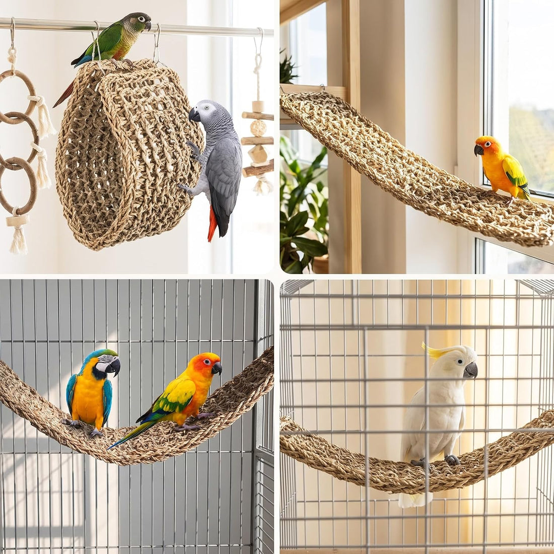 2Pcs Seagrass Mat for Birds, Bird Cage Accessories with 8 Hooks