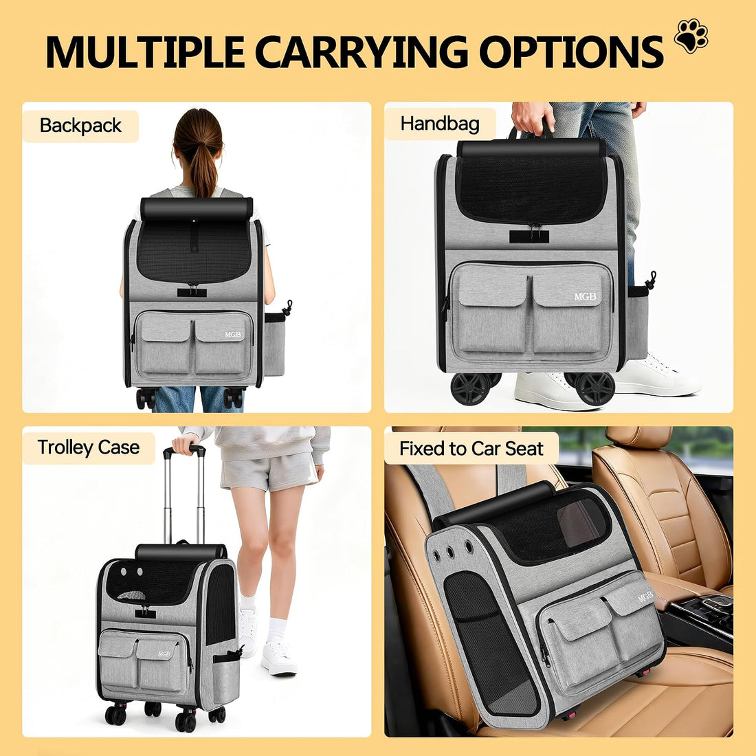 MGB Pet Carrier with Wheels, Rolling Cat Carrier Gray