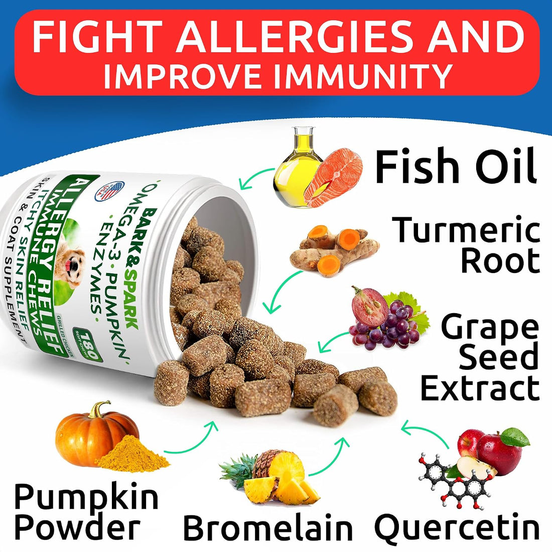 BARK&SPARK Dog Allergy Relief Soft Chews for Skin Health & Seasonal