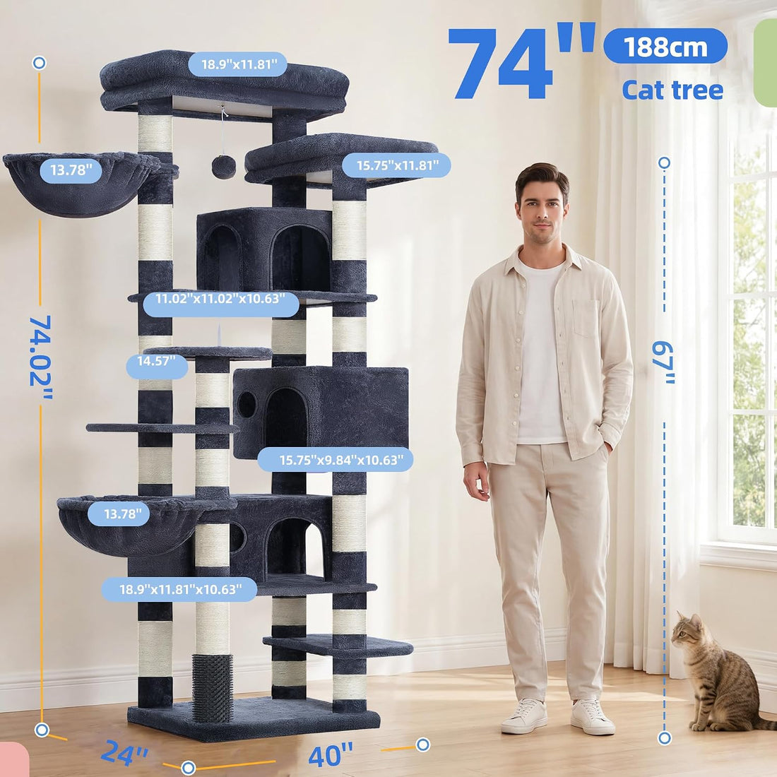 Hey-brother Cat Tree, 74 inches Multi-Level XL Large Cat Tower