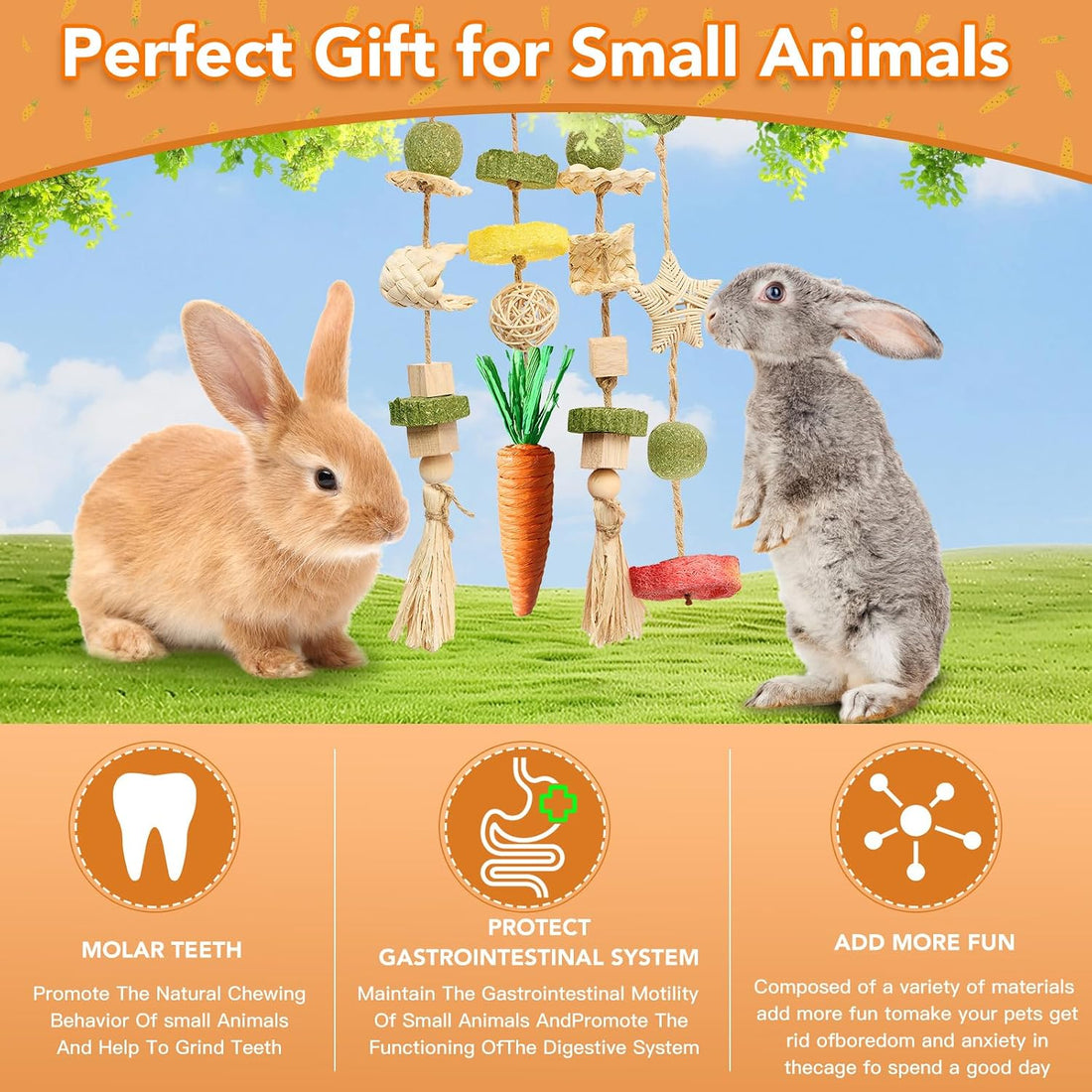 Jorewood Rabbit Chew Toys Bunny Cage Hanging Toy and Treats Rattan