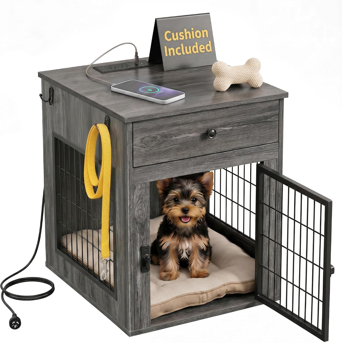 Dog Crate Furniture with Cushion and Charging Station for Indoor