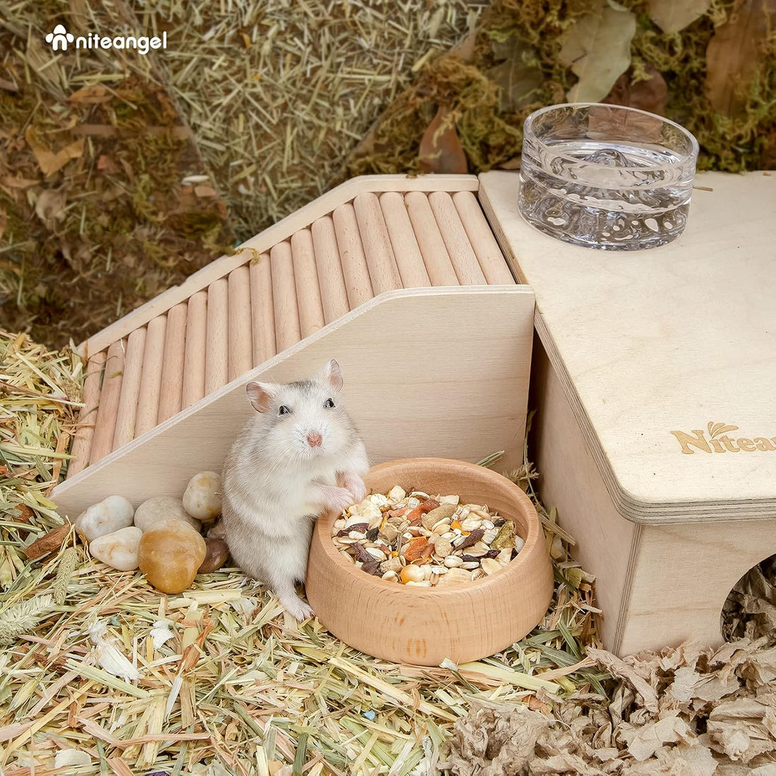 Niteangel Wooden Hamster Food Bowl: Beech Stable & Hammy Pattern