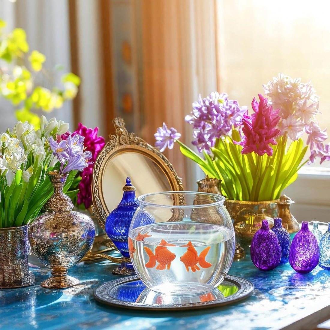 Bokon 4 pcs Include 16 oz Plastic Oval Fish Bowl with 3 Fake Goldfish