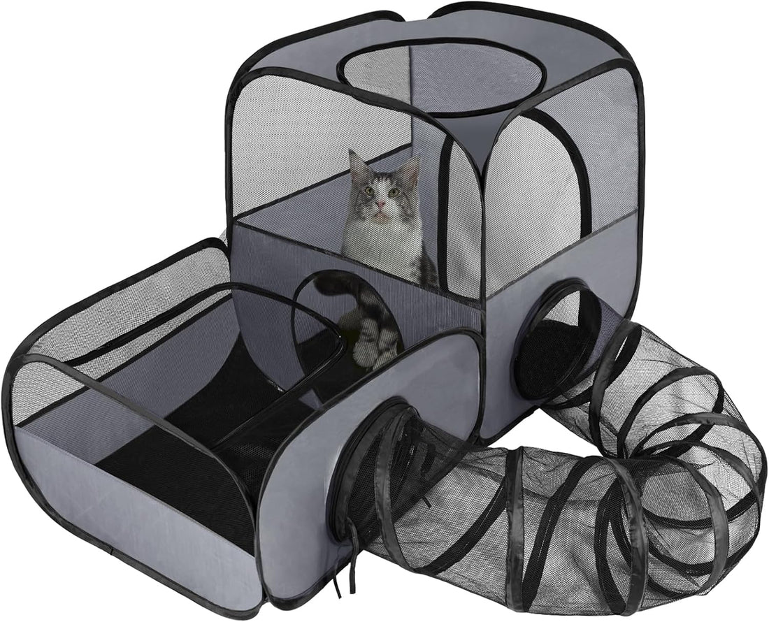 Cat Playpen with Tunnel, Foldable Indoor & Outdoor Cat Enclosure
