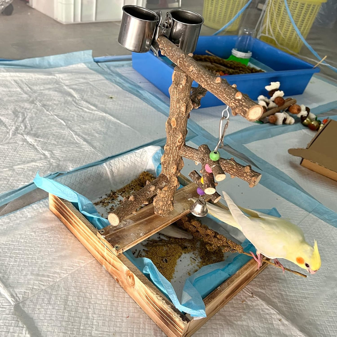LIMIO Natural Wood Bird Toys Playground, Bird Cage Accessories