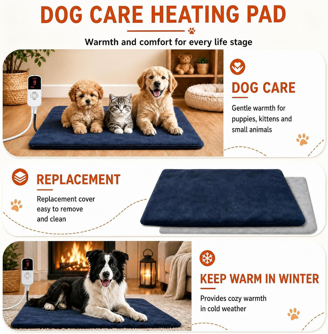 Dog & Cat Heated Bed, 9 Temp Setting & 4 Timer Dog Heating Pad