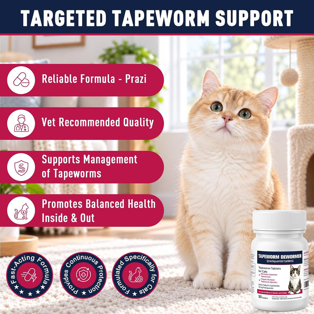 Dewormer for Cats, 50 Tablets, for Kittens 6 Weeks and Older